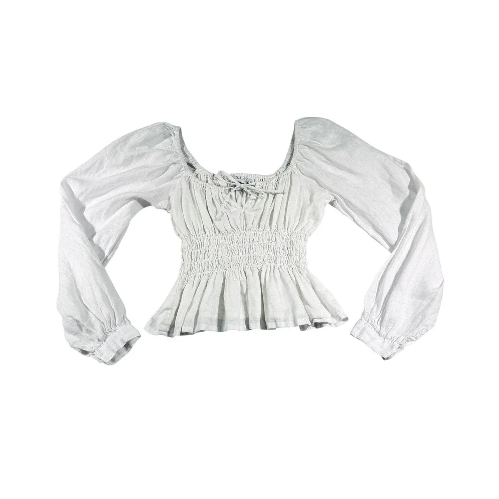 Faithfull the Brand Bel Rose White Linen Crop Top 4 Off Shoulder Puff Sleeve